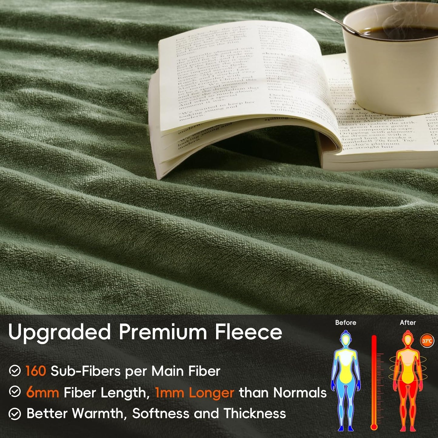 PHF Ultra Soft Fleece Blanket Queen Size, No Shed No Pilling Luxury Plush Cozy 300GSM Lightweight Blanket for Bed, Couch, Chair, Sofa Suitable for All Season, 90" x 90", Olive Green