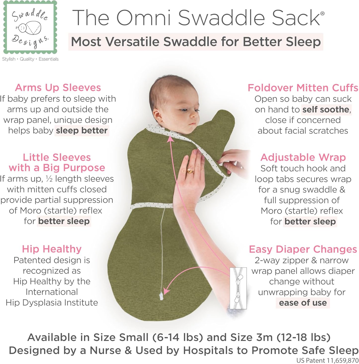 SwaddleDesigns 6-Way Omni Swaddle Sack Arms Up Swaddle for Newborn, More Options to Calm Startle Reflex, Improves Sleep