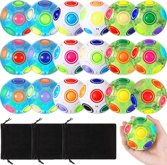 18 Pack Rainbow Puzzle Ball Magic Rainbow Ball with 3 Pack Pouches Fidget Toy Ball for Kids Speed Cube Ball Funny Stress Reliever Ball Christmas Stocking Stuffers for Kids Teen and Adults