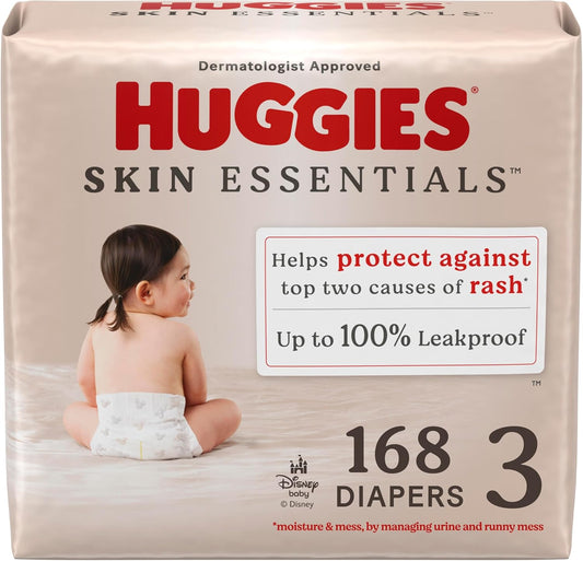 Huggies Size 3 Diapers, Skin Essentials Baby Diapers, Size 3 (16-28 lbs), 168 Count (3 Packs of 56), Packaging May Vary