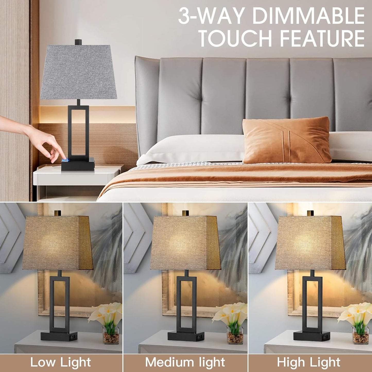 23.5" Touch Control Table Lamps Set of 2, Bedside Lamp with 2 USB Charging Ports & AC Outlet, 3-Way Dimmable Modern Nightstand Lamp for Living Room Bedroom End Table Office(2700K 2 LED Bulbs Included)