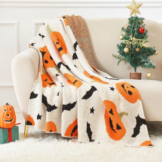 SeaRoomy Halloween Blanket, Ultra Soft Cozy Knit Throw Blanket for Couch, Warm Fluffy Microfiber Lightweight Knitted Throw Blanket Pumpkin Bat Halloween Decor (Pumpkins, 51"×63")
