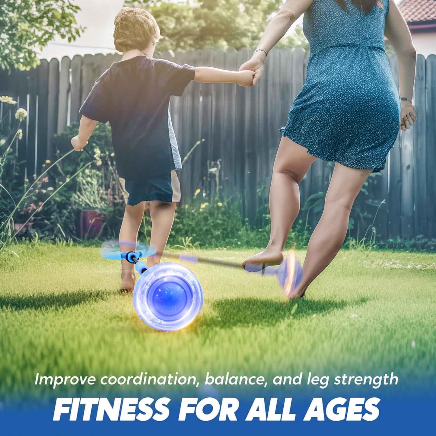 JOYIN Blue Ankle Skip Ball with Flashing Lights, Toy for Kids Indoor & Outdoor, Flashing Swing Ball Foldable Sports Toy, Birthday Gifts for Kids 3 4 5 +