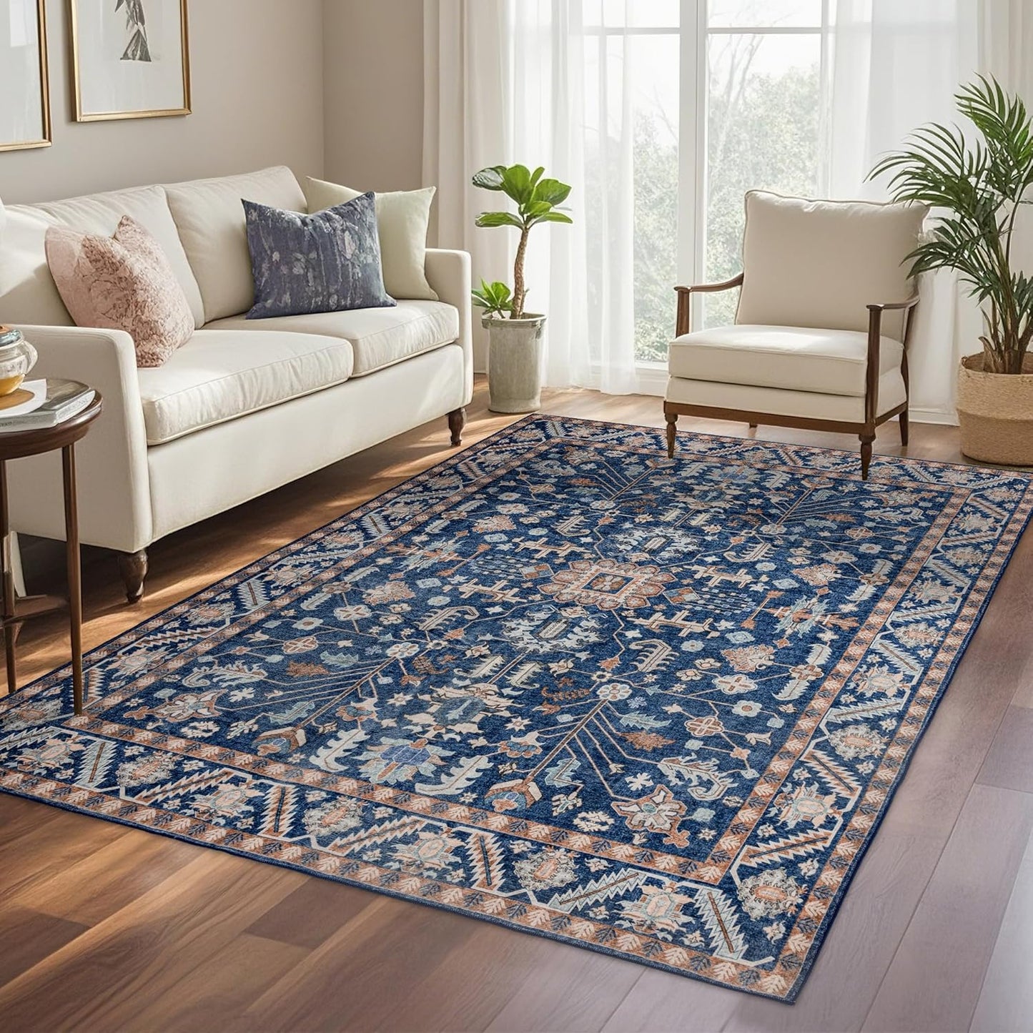 6x9 Area Rugs Washable: Oriental Soft Area Rug for Living Room Bedroom No Shedding - Low Pile Thin Carpet Rug for Dining Room Non Slip - Boho Vintage Rug for Home Decor - Navy Blue