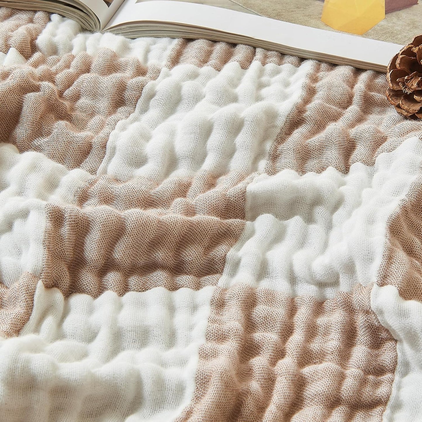 EMME Checkered Throw Blanket Cooling Cotton Blanket for Couch Soft Muslin Blankets 50"x60" Lightweight Breathable Cooling Soft All Season Gauze, Light Tan