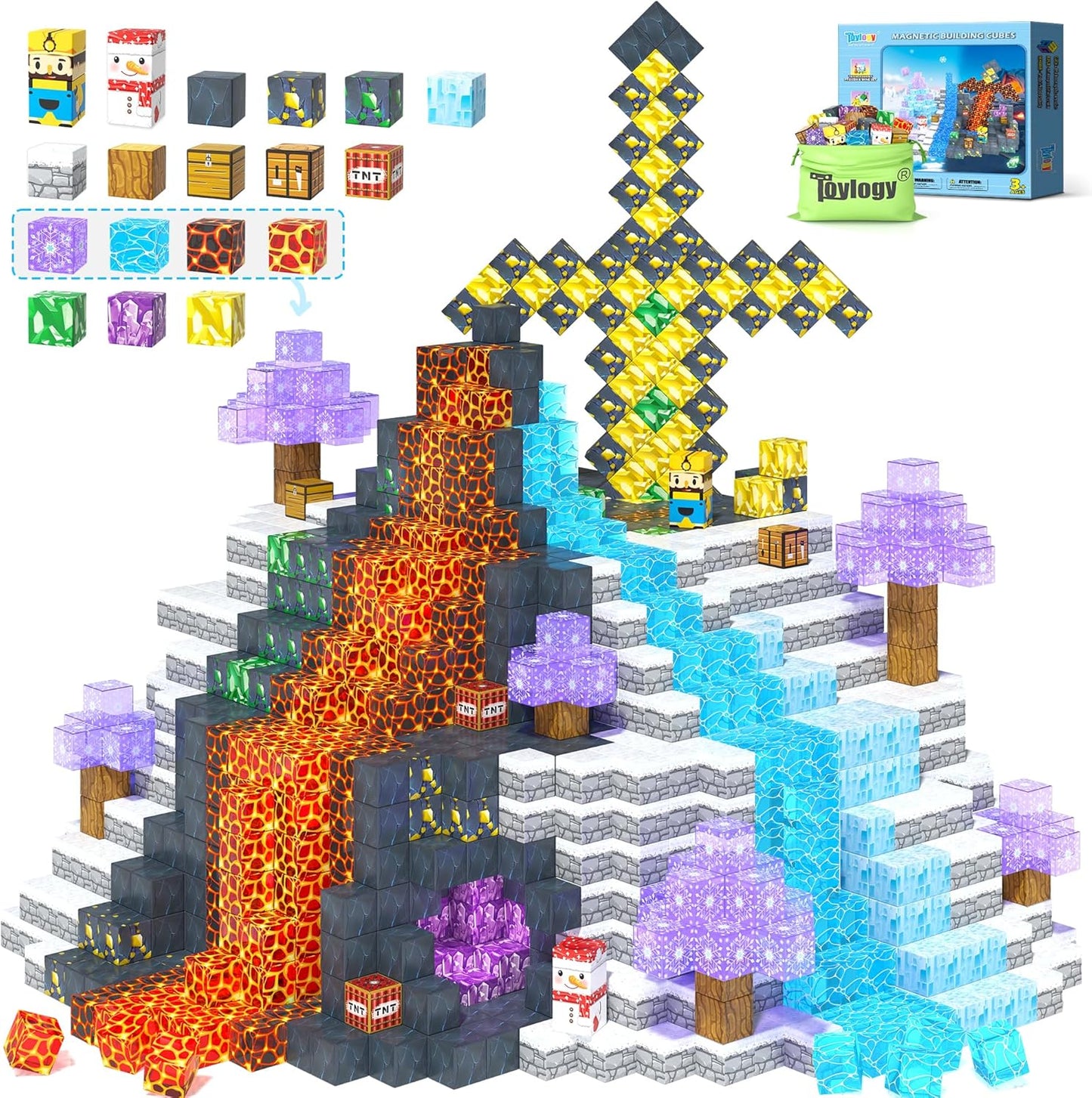 100PCS Large Magnetic Blocks-Build Mine Magnet World Ice Mine Sword Toddlers Toys for Kids Magnet Transparent Building Blocks Sensory Learning Toys for Boys and Girls Ages 3 4 5 6 7 8-12 Birthday Gift