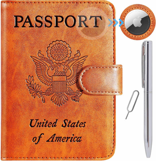 Airtag Passport Holder Cover Wallet RFID Blocking Leather Case Travel Essentials Luggage Accessories Travel Must Have(118#Claybank)