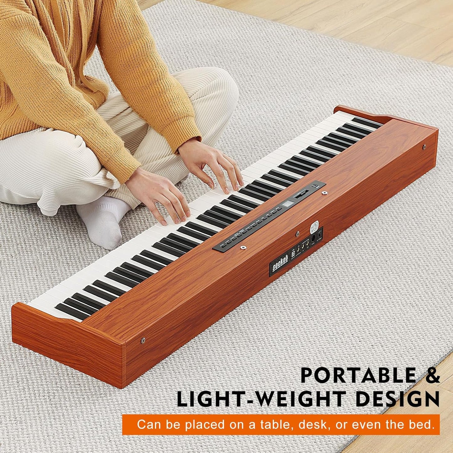 MUSTAR Digital Piano 88 Weighted Keys with Stand Touch Sensitivity, 88 Key Semi Weighted Keyboard Piano Portable Electric Piano for Beginners, Dual Stereo Speakers, Case, Sustain Pedal (Brown-MDF)