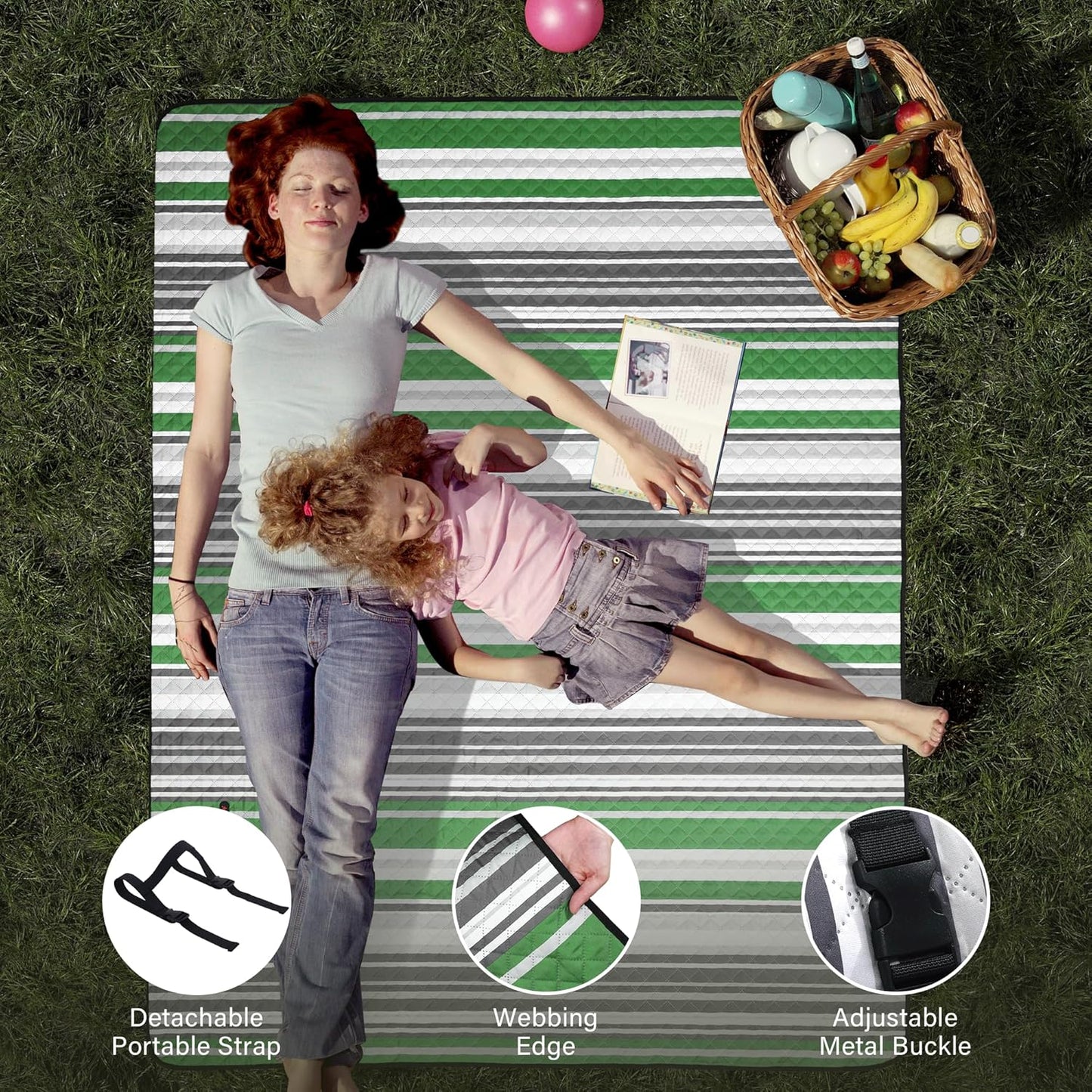 HX&OD Extra Large Picnic Blanket Outdoor 80”x80” Waterproof Picnic Mat Foldable 3-Layer Camping Blanket Portable with Carry Strap Park Blanket for Grass(Green)