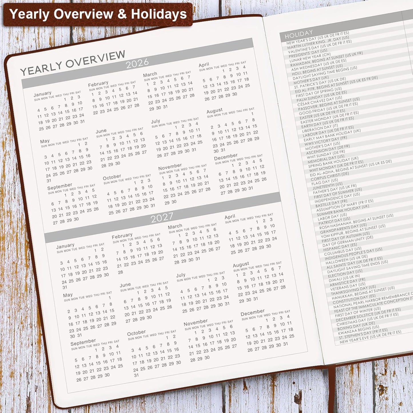 2026 Planner - JAN 2026 - DEC 2026, Planner 2026, Weekly and Monthly Planner, Leather Cover Calendar Planner with Thick Paper, Back Pocket with Notes Pages, Brown (8.5" x 11")