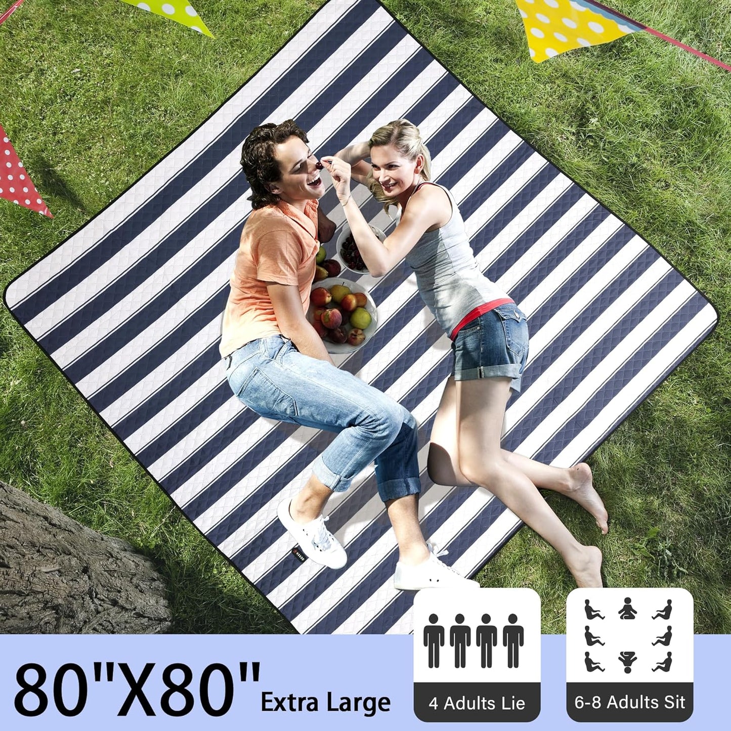 HX&OD Outdoor Picnic Blanket Extra Large, 80”x80” Waterproof Picnic Mat Foldable Camping Blanket Portable with Carry Strap for Beach Mat (Bule)