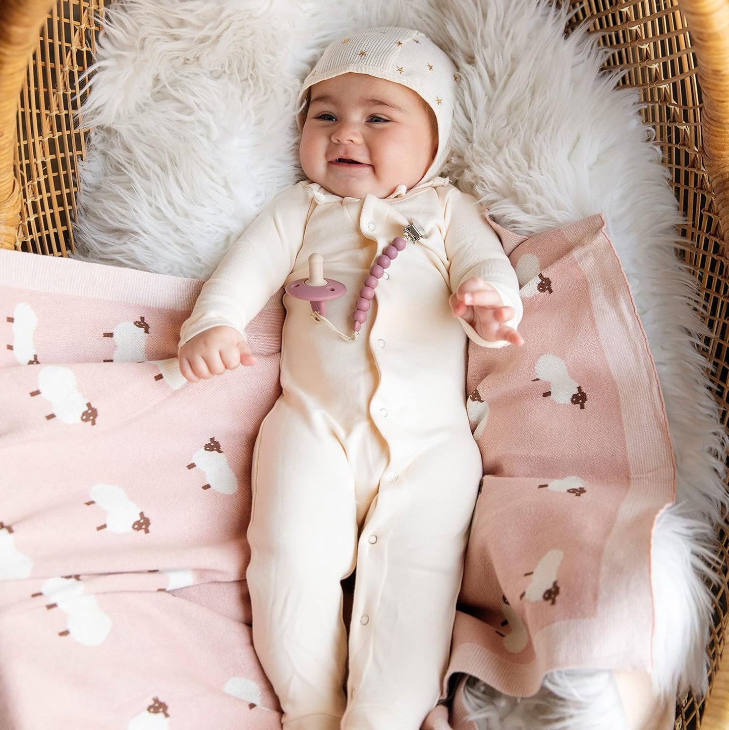 Luxury Knit Baby Receiving Blanket - 100% Cotton Soft Cozy Lightweight Receiving Swaddler Crib Stroller Blanket for Shower Gift Registry for Newborns Infants Toddlers (Sheep - Light Pink)