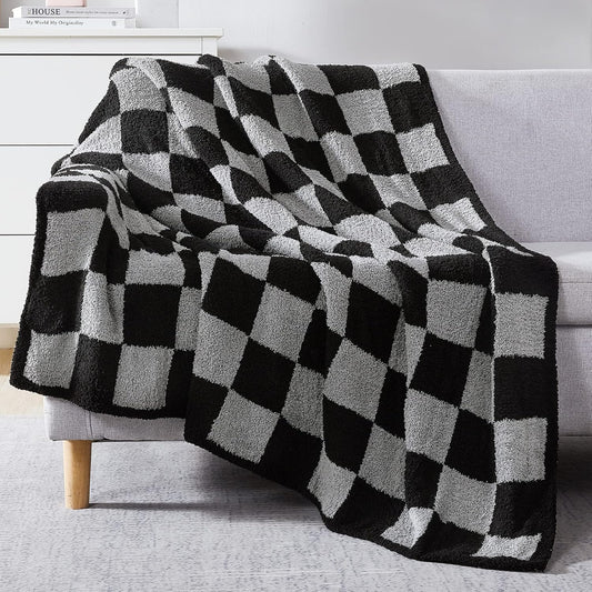 WRENSONGE Checkered Throw Blanket, Black Grey Checkered Soft Cozy Fluffy Warm Hand Made Throw Blankets for Couch, Sofa, Chair, Bed, Picnic,Travel Lightweight Bed Blankets for Men