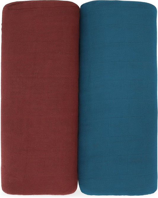 Comfy Cubs Muslin Swaddle Blankets Pack of 2 - 47 x 47 Inch Soft Cotton Baby Blanket Set, Large Multipurpose Wraps for Newborns - Self-Soothing Swaddles for Newborns - Wine & Neptune