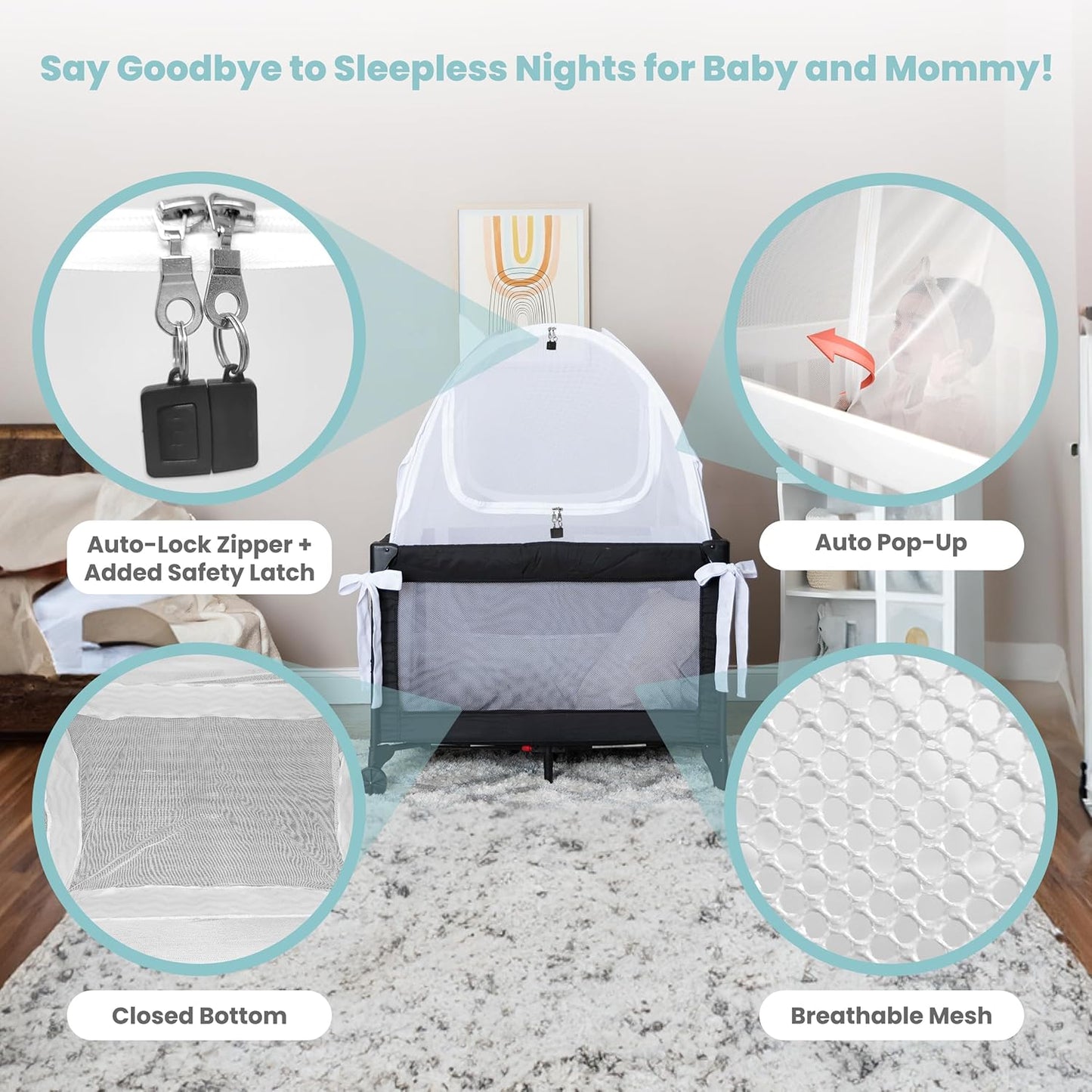 Mini Crib and Pack and Play Tent, Net Canopy to Keep Baby from Climbing Out, Breathable Mesh with Auto-Lock Zipper and Latch, Safety Tent for Travel and Sleep (Mosquiteros para Cunas de Bebes)