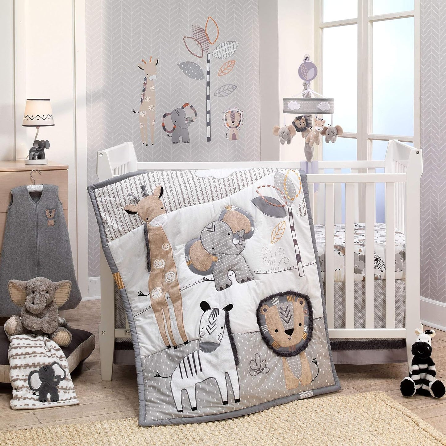 Lambs & Ivy Jungle Safari Gray/Tan/White Nursery 6-Piece Baby Crib Bedding Set