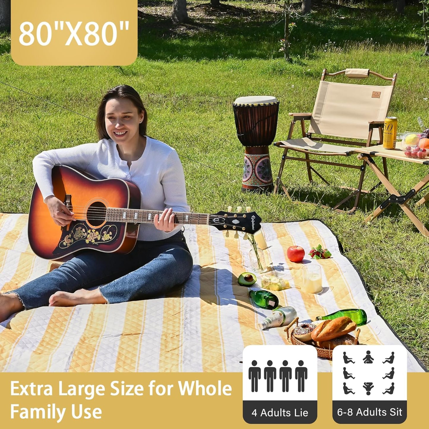 HX&OD Outdoor Picnic Blanket Extra Large, 80''*80'' Waterproof Picnic Mat with Stakes Foldable Camping Blanket Portable with Carry Strap for Beach Mat (Yellow& White, 80''*80'')