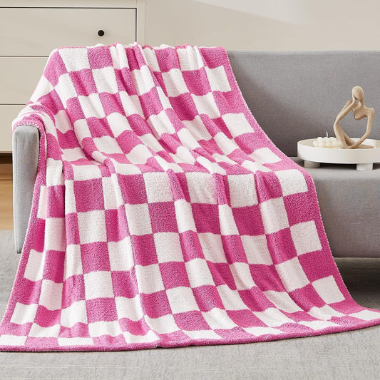 WRENSONGE Checkered Throw Blanket, Hot Pink Soft Cozy Fluffy Warm Hand Made Throw Blankets for Couch, Sofa, Chair, Bed, Camping, Picnic, Travel Lightweight Bed Blanket - 50"*70"