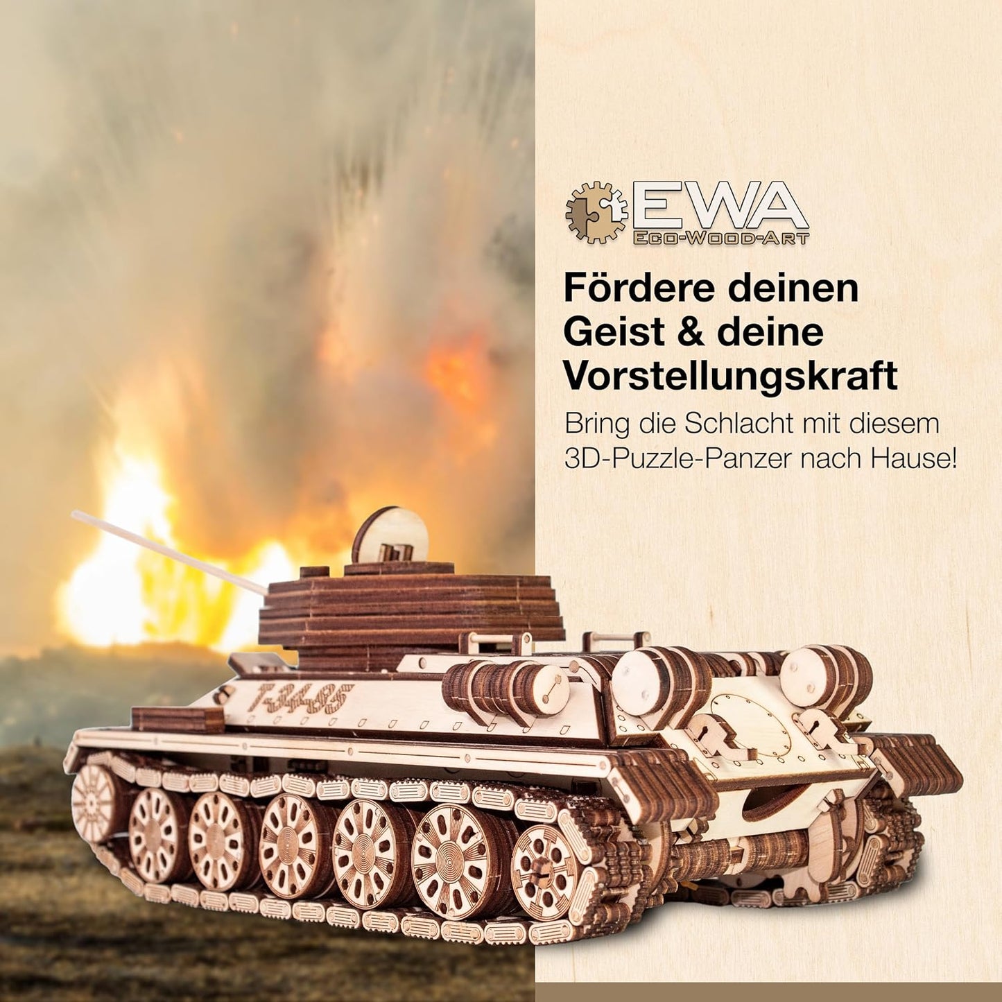 3D Wooden Puzzles for Adults - DIY T-34-85 Tank 3D Puzzle Model Kit with Rubber Band Engine, Rolling Wheels & Rotating Cannon - 3D Wooden Puzzle for 15 yrs Above & Adults - Eco Wood Art, 965 Pieces
