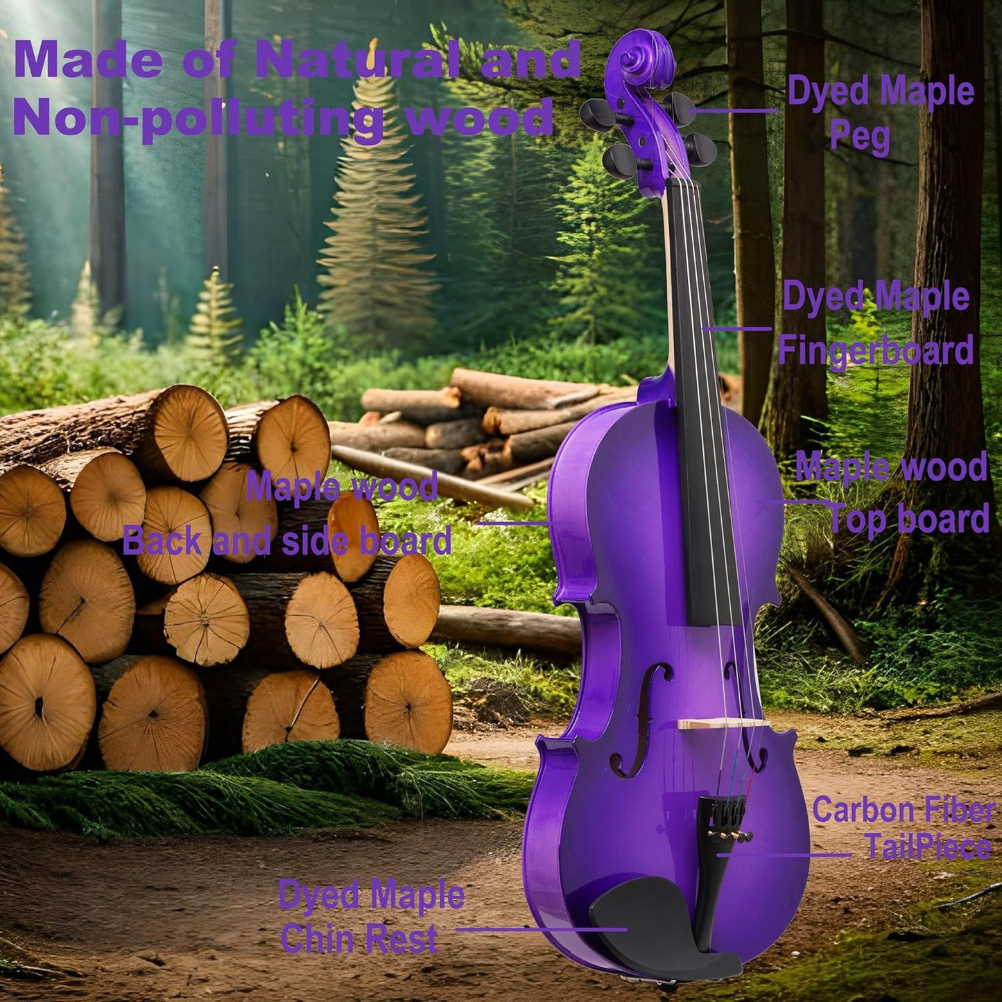 1/2 Fiddle Purple Colored Premium Violin Outfit for Beginners Adults Kids With 5 Color Fingering Tape- Handcrafted Student Beginner Violin. (Purple, 1/2)