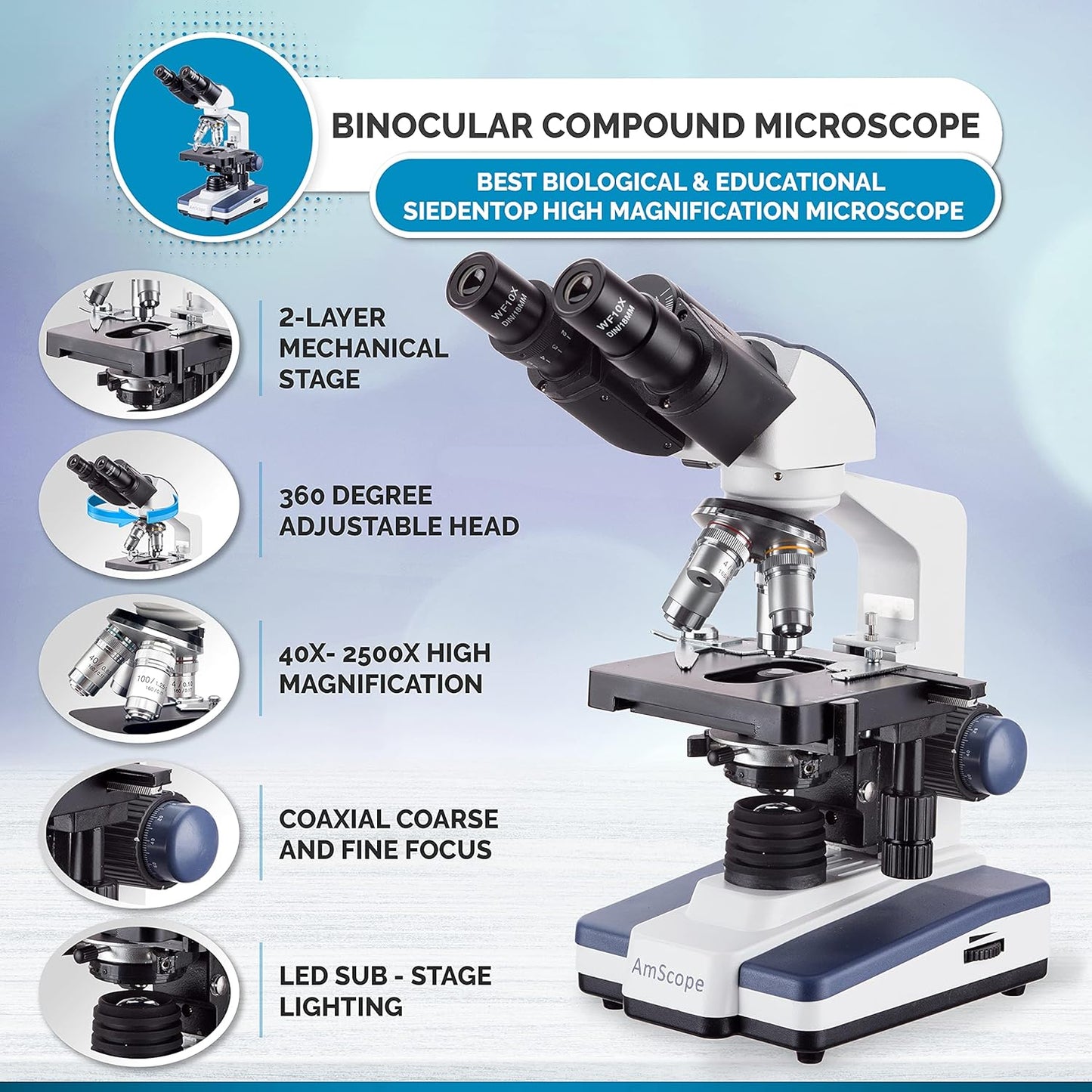AmScope B120C-BK-BS 40X-2500X LED Lab Binocular Compound Microscope with Double Layer Mechanical Stage + Book + 100 Coverslips & 50 Blank Slides