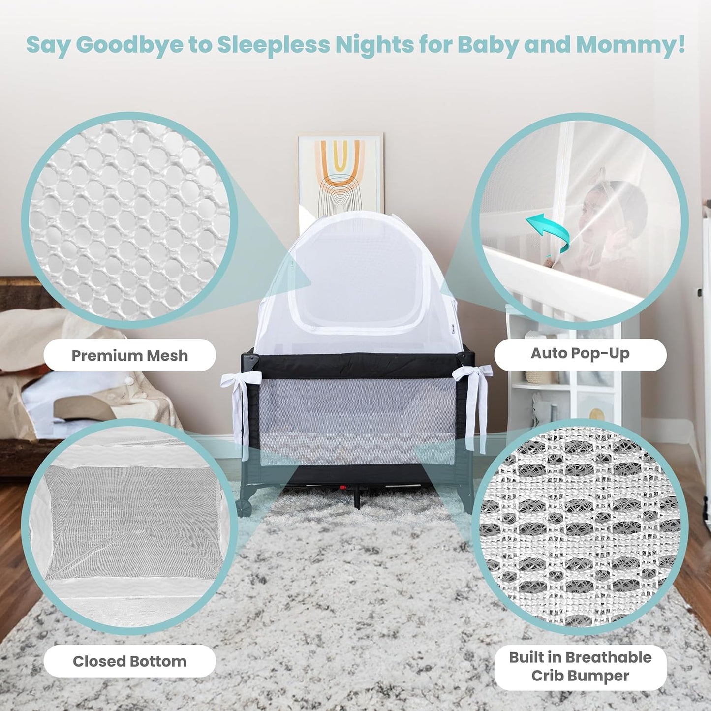 Premium Pack n Play Tent, Mini Crib Tent to Keep Baby from Climbing Out, Auto Pop Up Pack and Play Tent with Auto-Lock Zippers, Thick Velvety Breathable Mesh (Gray Chevron)