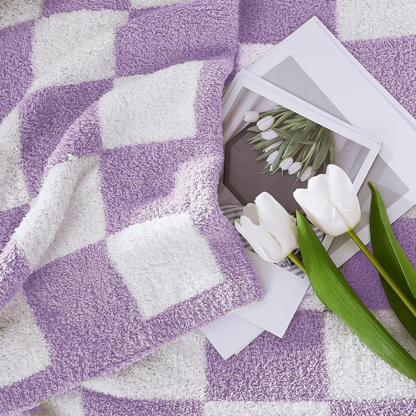 WRENSONGE Checkered Throw Blanket, Purple Soft Cozy Fluffy Warm Hand Made Throw Blankets for Couch, Sofa, Chair, Bed, Camping, Picnic, Travel Lightweight Bed Blanket - 60"*80"