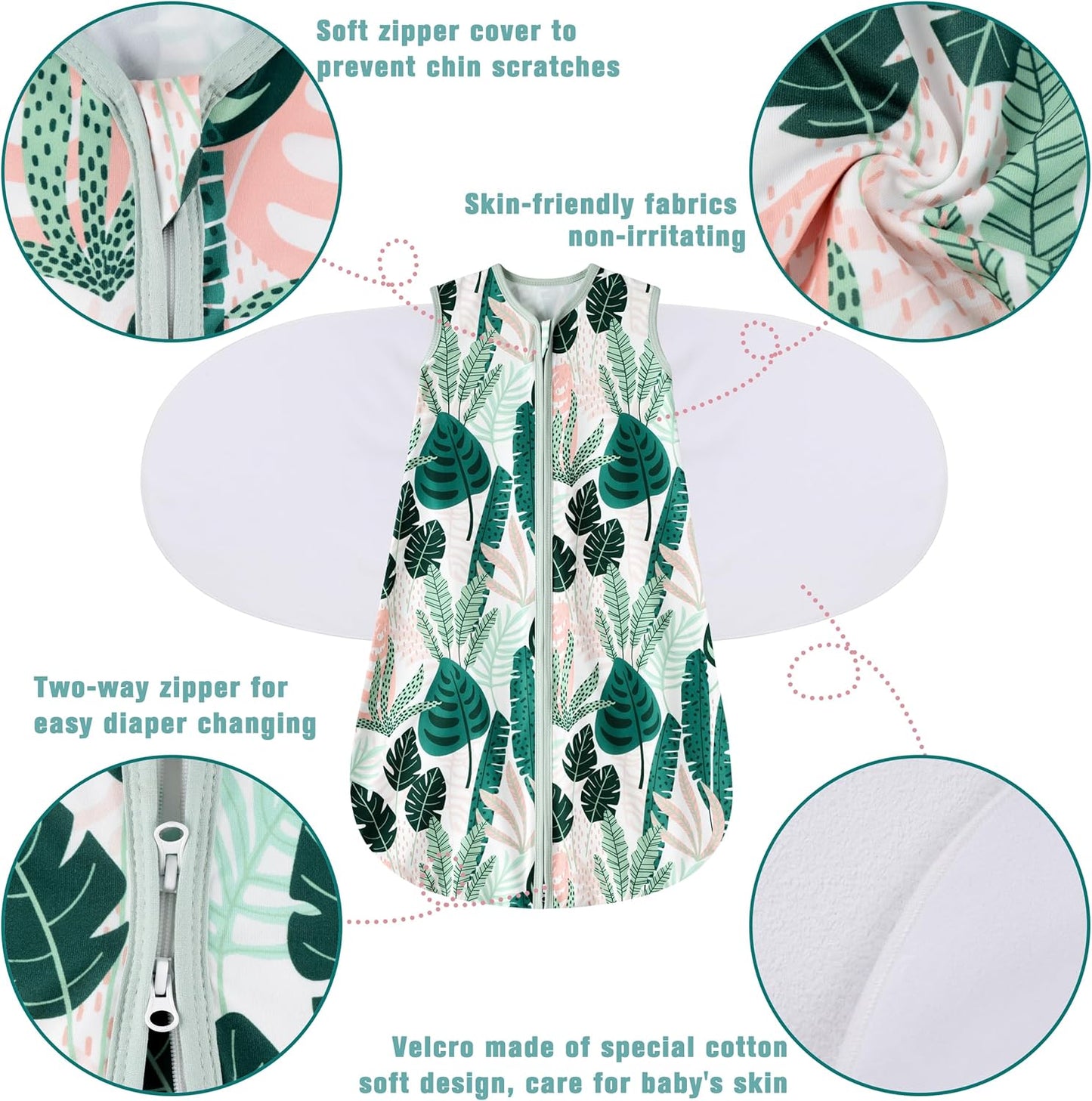 Newborn Sleep Sack Baby Swaddle,0-3 Months,3-Way Adjustable Wearable Blanket,100% Rayon Cotton Swaddling Sleeping Bag，TOG 0.5（Banana&Leaf）