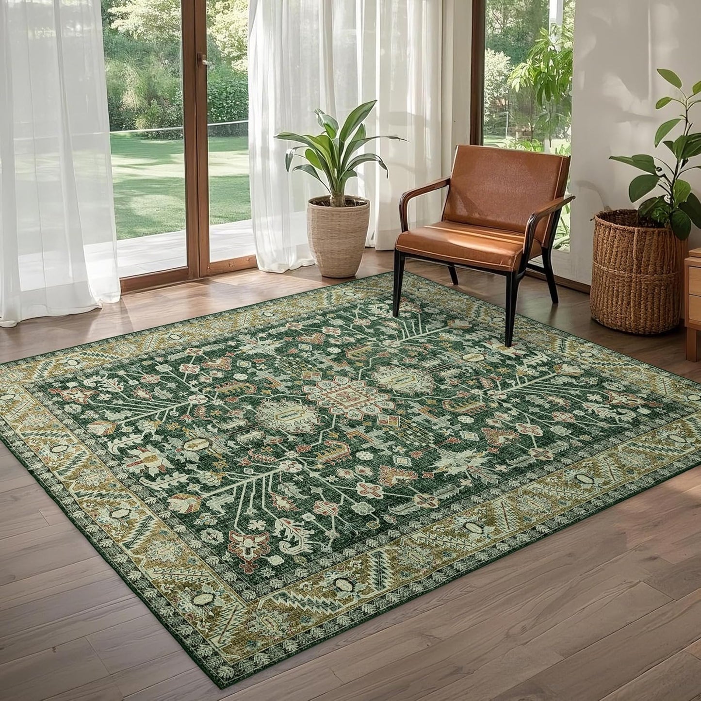 6x9 Area Rugs Washable: Oriental Soft Area Rug for Living Room Bedroom No Shedding - Low Pile Thin Carpet Rug for Dining Room Non Slip - Boho Vintage Rug for Home Decor - Retro Forest Green