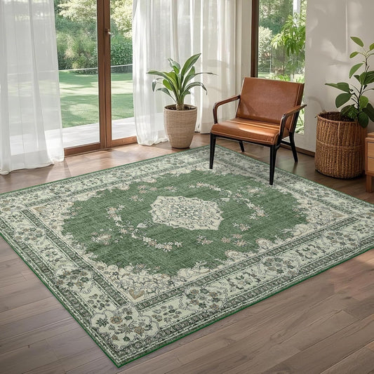 4x6 Area Rug Washable: Oriental Soft Area Rug for Living Room Bedroom No Shedding - Low Pile Thin Carpet Rug for Dining Room Non Slip - Boho Vintage Rug for Home Decor - Olive Green