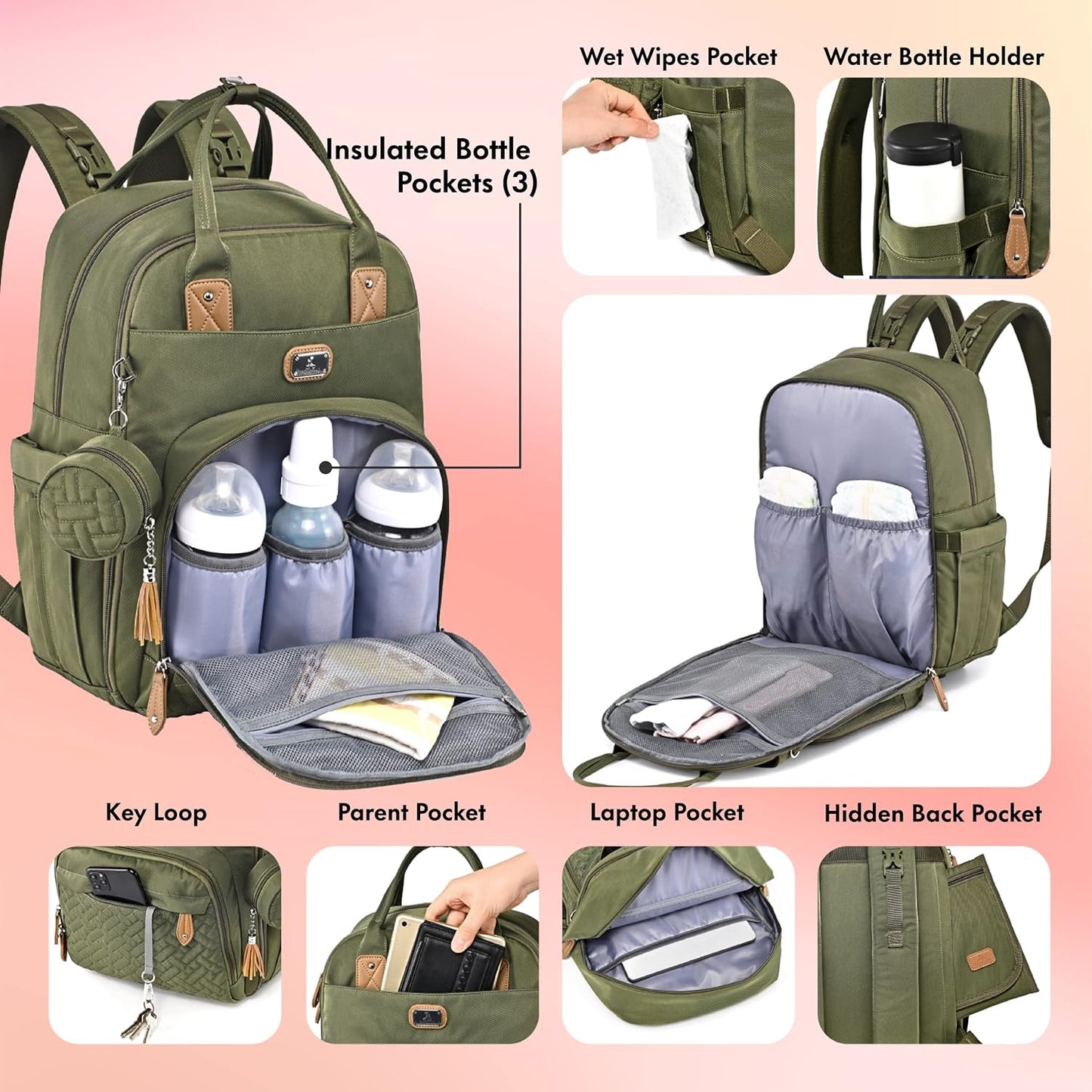 Dikaslon Diaper Bag Backpack with Portable Changing Pad, Pacifier Case and Stroller Straps, Large Unisex Baby Bags for Boys Girls, Multipurpose Travel Back Pack Moms Dads, Green