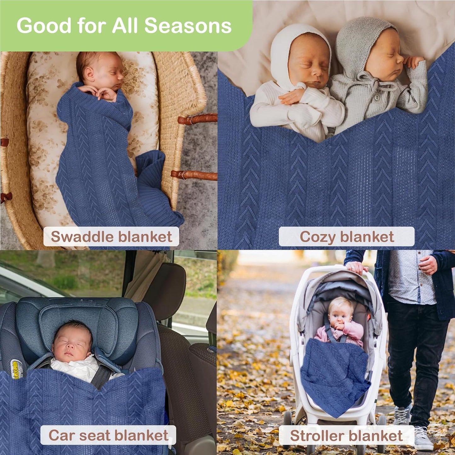 Organic Cotton Baby Blanket - 31.5 x 43.3 Inches, Soft Knitted Crib Blanket for Boys & Girls, Breathable Design (Blue)