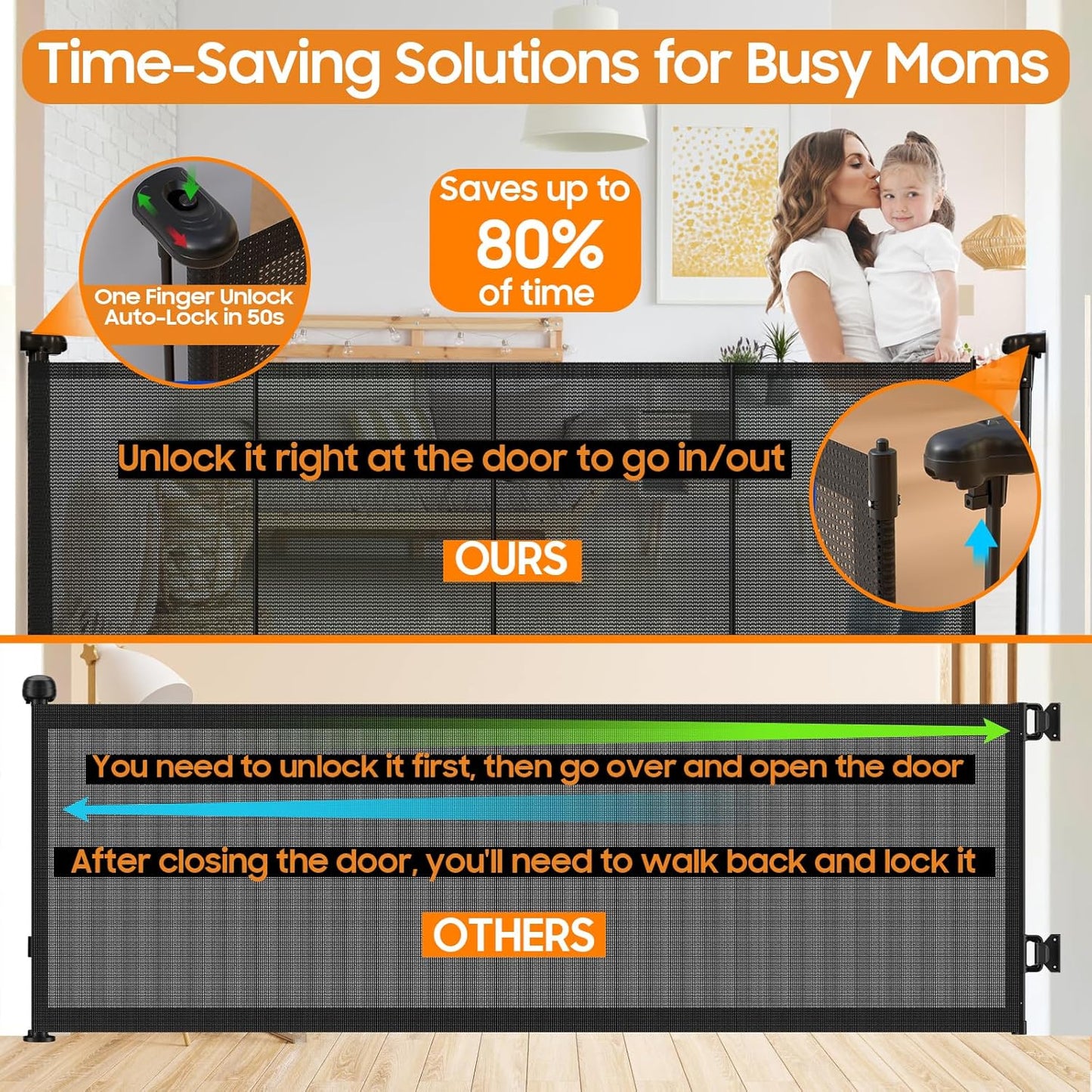 180" Extra Wide Retractable Baby Gates for Large Openings, 42" Extra Tall with Support Rods, Prevent Crawling, Mesh Dog/Pet Gate for Stairs/Doorways, Indoor/Outdoor Use