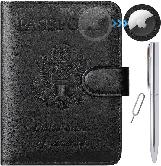 Airtag Passport Holder Cover Wallet RFID Blocking Leather Case Travel Essentials Luggage Accessories Travel Must Have(118#Black)