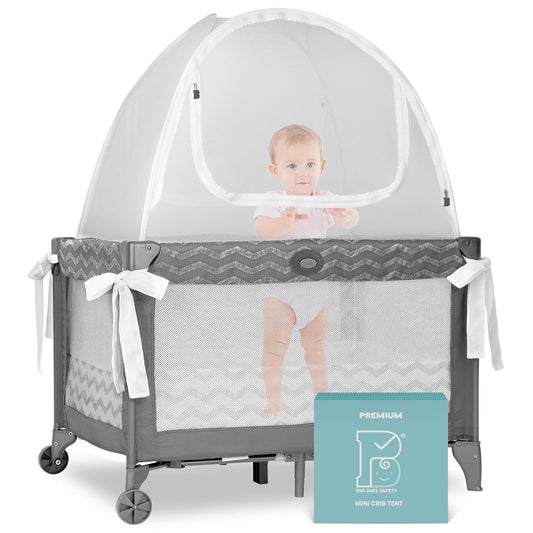 Premium Pack n Play Tent, Mini Crib Tent to Keep Baby from Climbing Out, Auto Pop Up Pack and Play Tent with Auto-Lock Zippers, Thick Velvety Breathable Mesh (Gray Chevron)