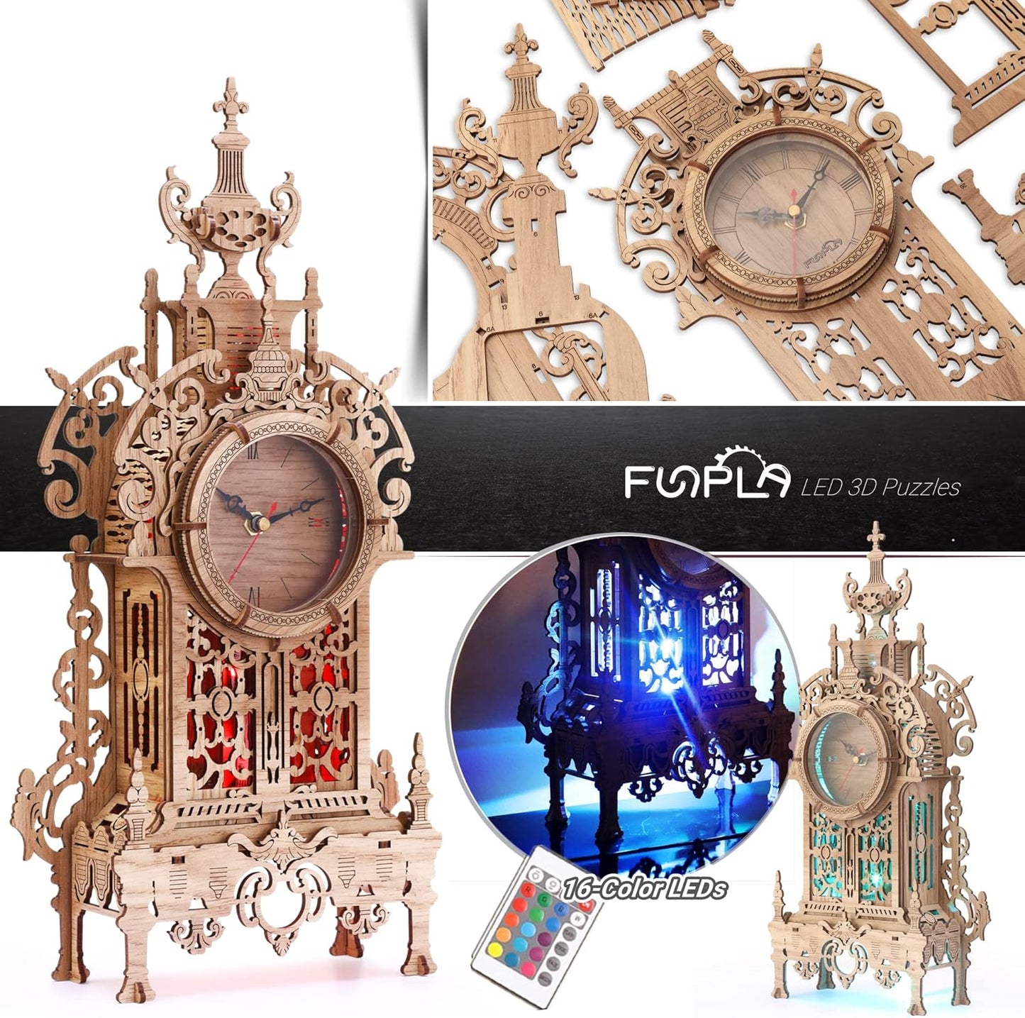 3D Wood Puzzle LED Tower Clock, 3D Puzzle Building Desktop Clock Model DIY Architectural Building Blocks (LED-TC01 Wood)