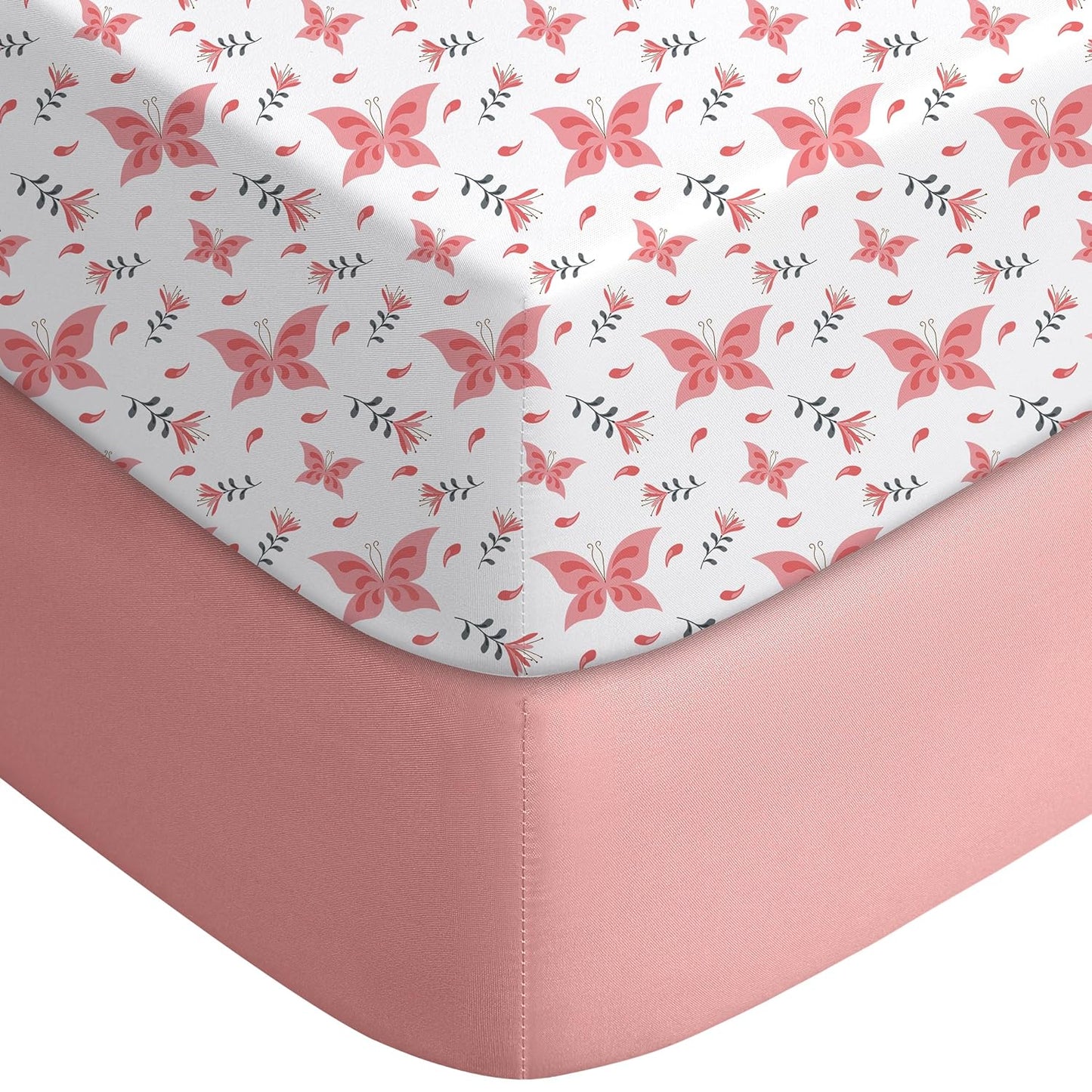 Yoofoss Baby Crib Sheets for Boys Girls, Fitted Crib Sheet 2 Pack for Standard Crib and Toddler Mattress, Super Soft Microfiber Baby Sheet 28x52x8in Pink + Butterflies