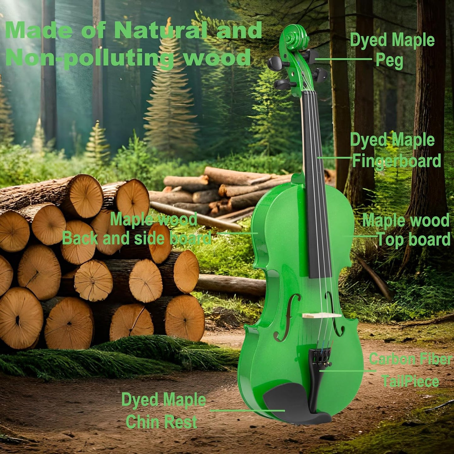 4/4 Full Size Fiddle Green Colored Premium Violin Outfit for Beginners Adults Kids With 5 Color Fingering Tape- Handcrafted Student Beginner Violin.(Green, 4/4 Full)