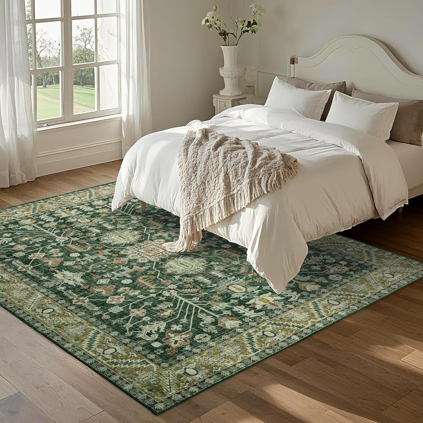 5x8 Area Rug Washable: Oriental Soft Area Rug for Living Room Bedroom No Shedding - Low Pile Thin Carpet Rug for Dining Room Non Slip - Boho Vintage Rug for Home Decor - Retro Forest Green