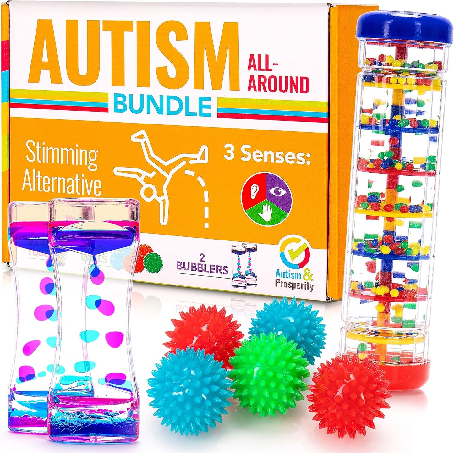Autism & Prosperity Autism Sensory Products Bundle - Sensory Toys for Kids with Autism, Rainmaker Bubblers Spiky Sensory Balls for Autistic Children, Special Education Autism Toys Age 3 4 5 7 8 12