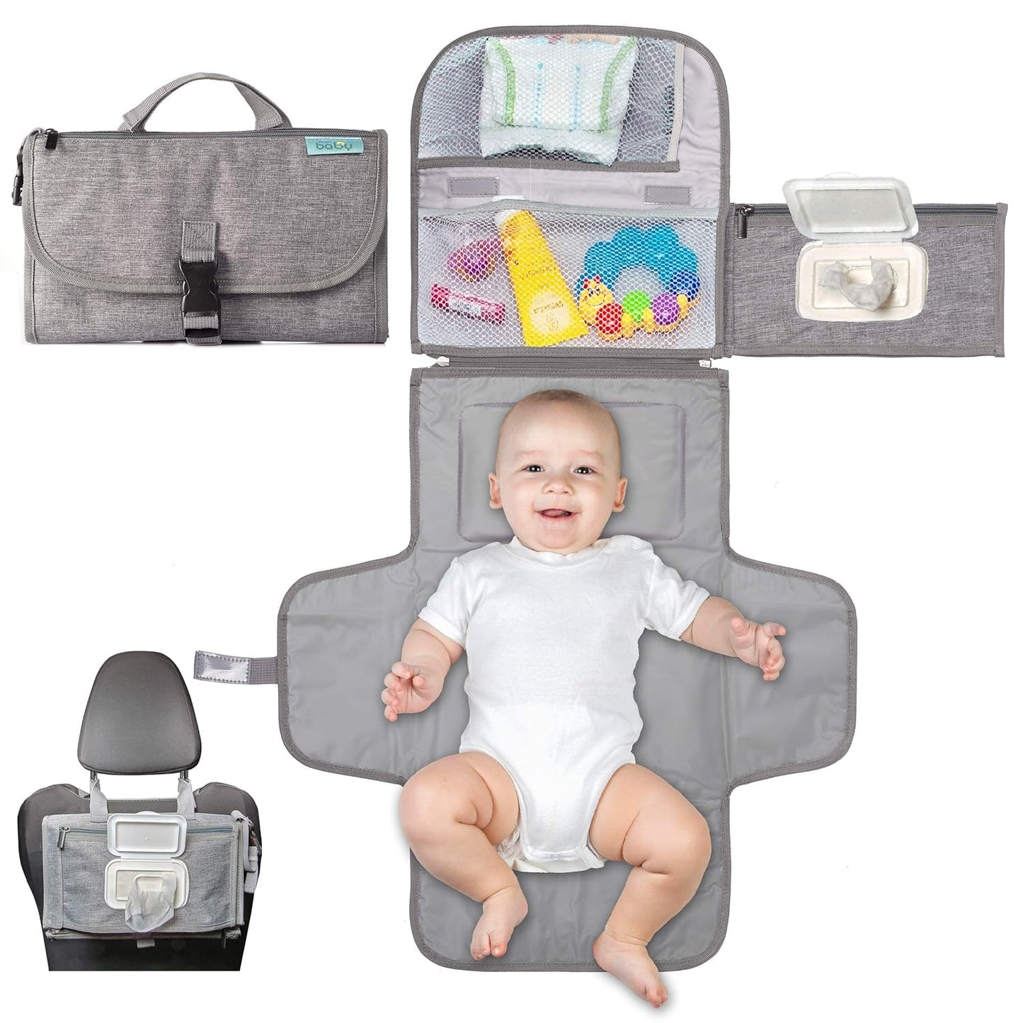 Kopi Baby Portable Diaper Changing Pad - Baby Diaper Changer Travel Bag with Wipes Pocket, Smart Design Portable Changing Mat, Infant Travel Station Kit, Gift for Newborn Girl & Boy - Grey, Classic