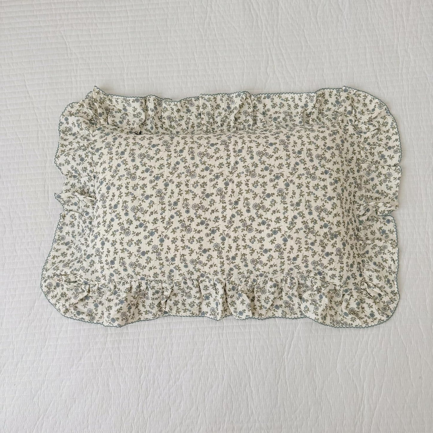 BuLuTu 2 Layers Muslin Cotton Toddler Pillowcase, 1 pc, 14"x20", Shabby Chic Blue Floral Print Pillow Cases for Kids Girls Boys Pillow Covers Soft Breathable, Envelope Closure