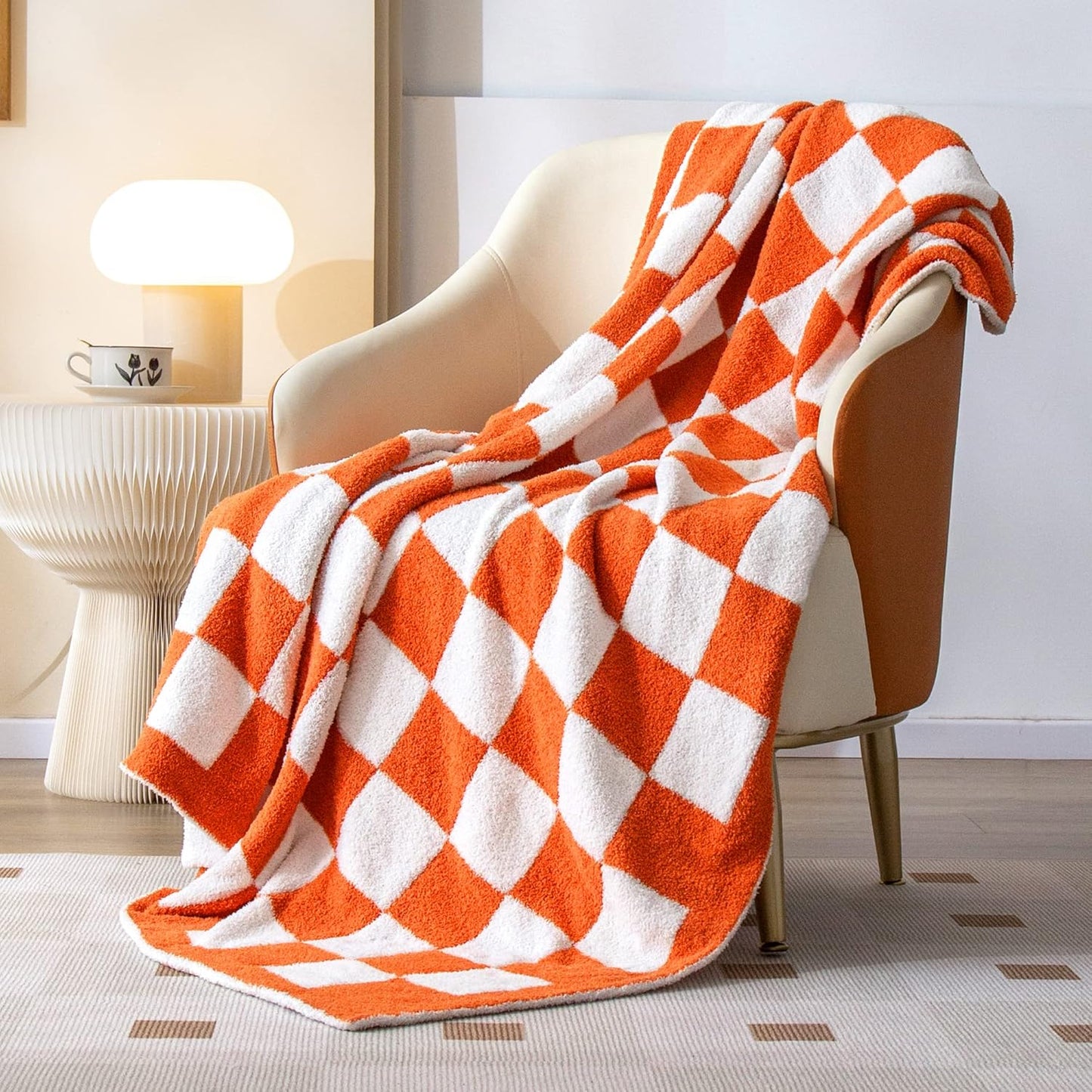 SeaRoomy CheckeredThrow Blanket, Soft Fluffy Microfiber Knit Throw Blanket for Couch Bed, Warm Cozy Reversible Checkerboard Knitted Blanket Room Decor(Burnt Orange, 60"×79")
