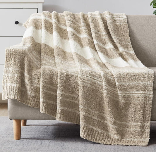 WRENGONGE Khaki Throw Blanket, 60x80 Soft Cozy Striped Throw Blankets for Couch, Sofa, Bed, Travel, Lightweight Fluffy Warm Plush Decorative Blankets for Women, Men,Kids Gift