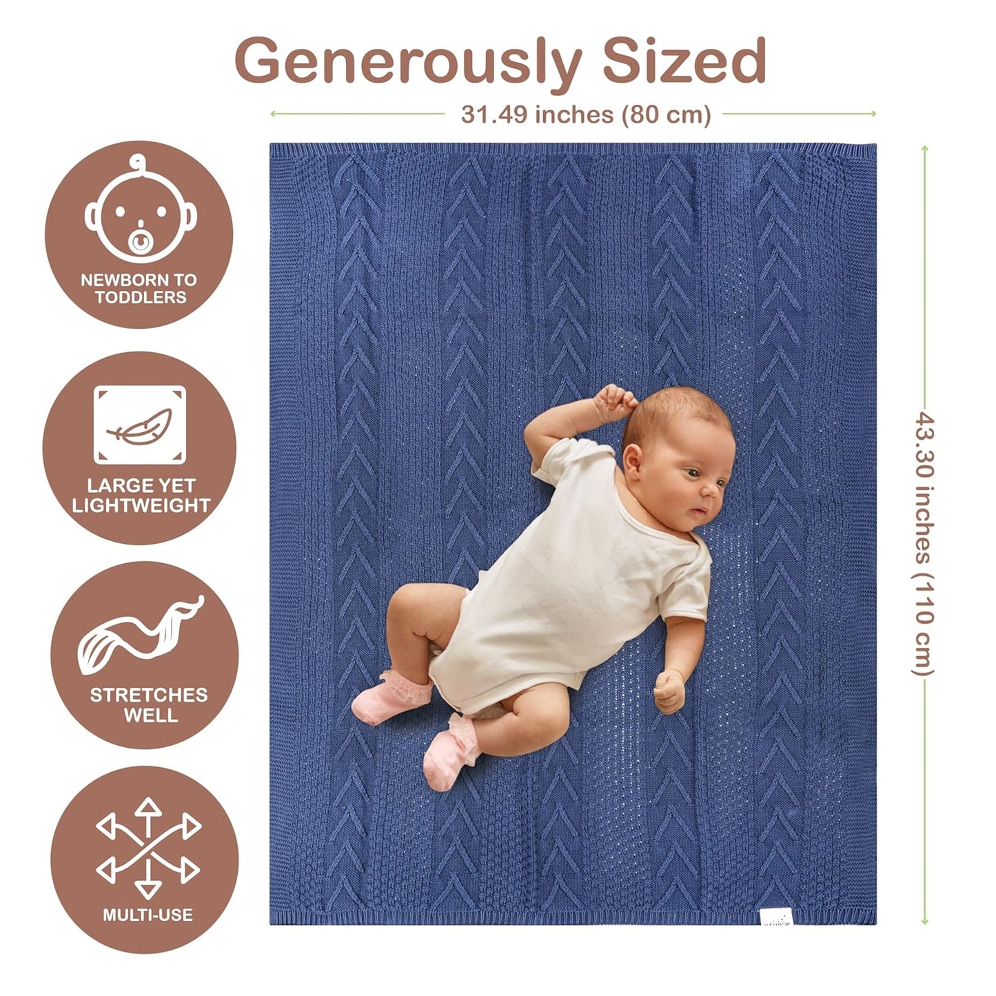Organic Cotton Baby Blanket - 31.5 x 43.3 Inches, Soft Knitted Crib Blanket for Boys & Girls, Breathable Design (Blue)