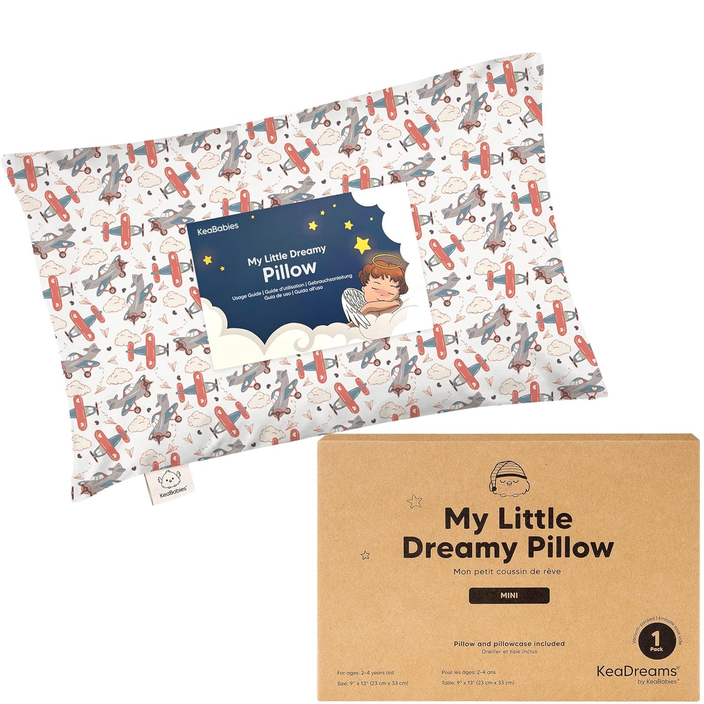 Mini Toddler Pillow with Pillowcase - 9x13 My Little Dreamy Travel Kids Pillow for Sleeping, Toddler Bed, Small, Tiny, Organic Cotton Pillowcase, Soft & Breathable, Kids 2-4 Years Old (Aircraft)