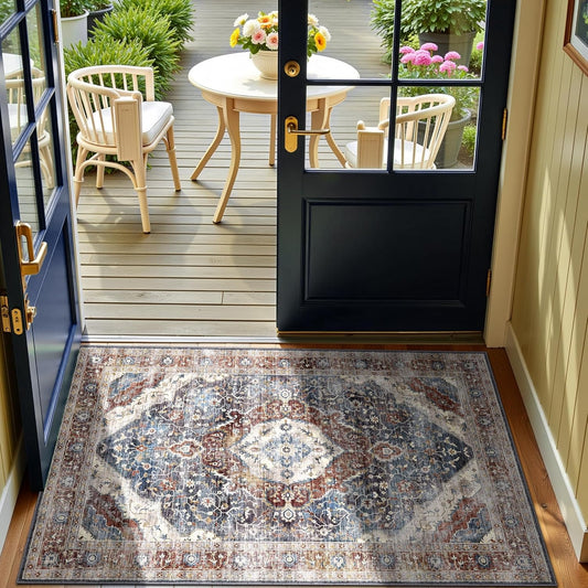 2x3 Washable Boho Rug Small Area Rugs for Entryway Bedroom Bathroom Kitchen Lliving Room, Soft Flower Rugs Low Pile Non-Slip Rubber Backing(Border Brown/Navy Blue)