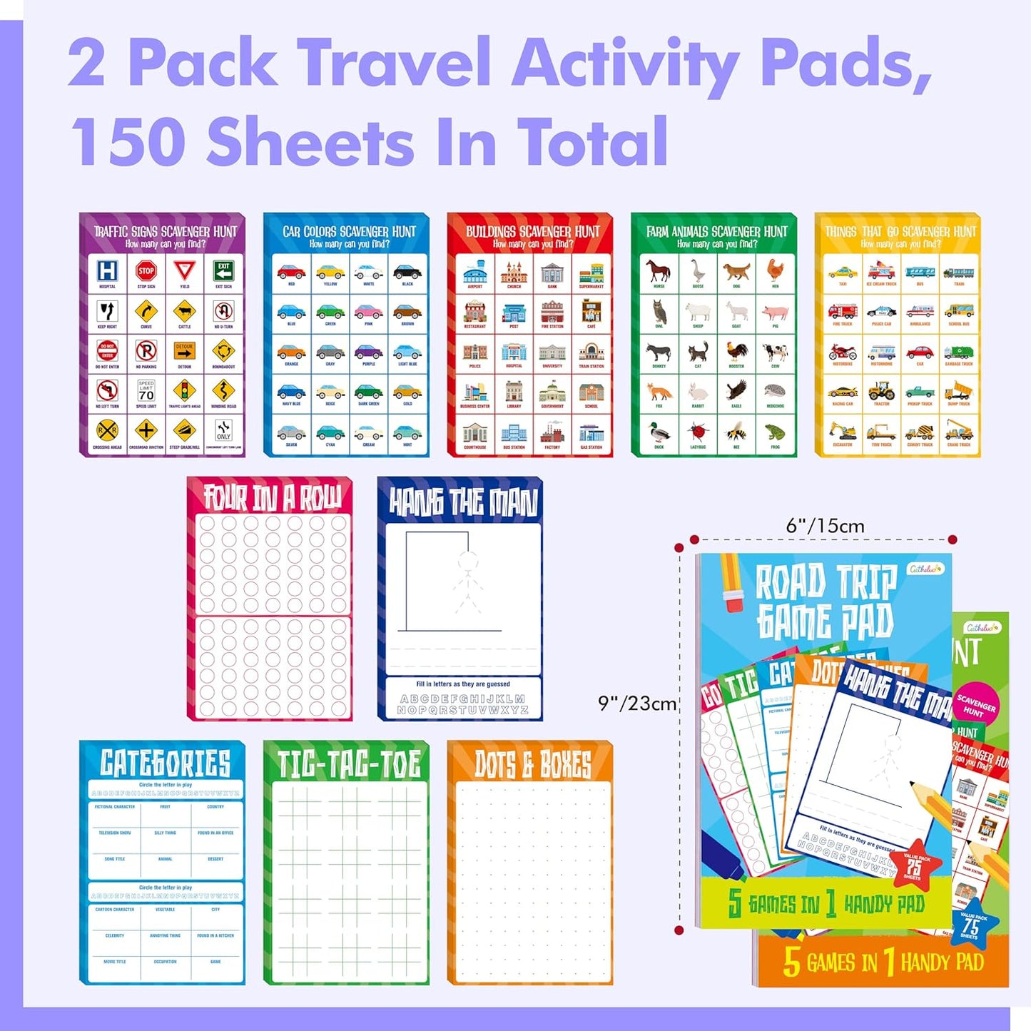 2 Pack Road Trip Game Pads, 10 Games (Categories, Dot & Boxes, Tic-tac-Toe, Scavenger Hunt Bingo), Pen Pencil Paper Game, Plane Trip/Car Travel/Getaway Activity Pad for Kid, Adult