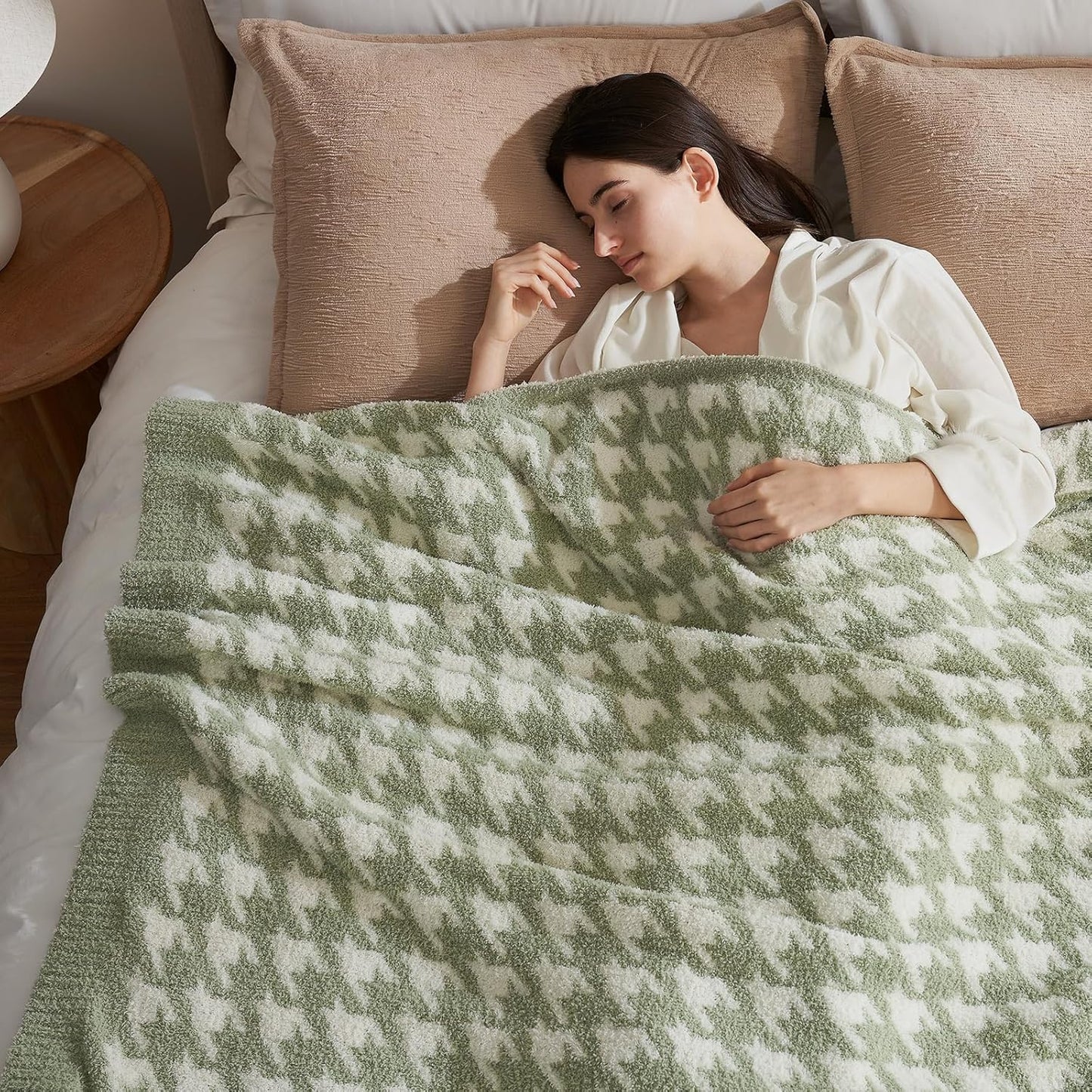 Snuggle Sac Houndstooth Throw Blanket for Couch, Reversible Super Soft Warm Blankets Cozy Knit Fuzzy Plush Lightweight Throws for Sofa, Bed, Camping, Green,50x60 inches