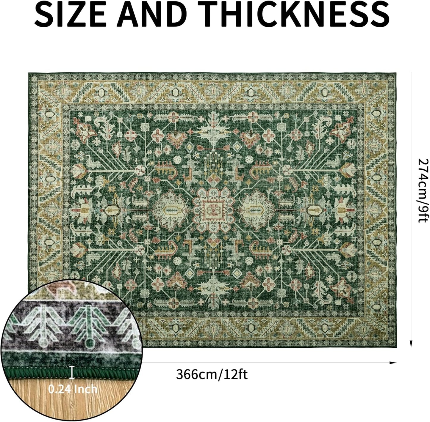 9x12 Area Rug Washable: Oriental Soft Area Rug for Living Room Bedroom No Shedding - Low Pile Thin Carpet Rug for Dining Room Non Slip - Boho Vintage Rug for Home Decor - Retro Forest Green